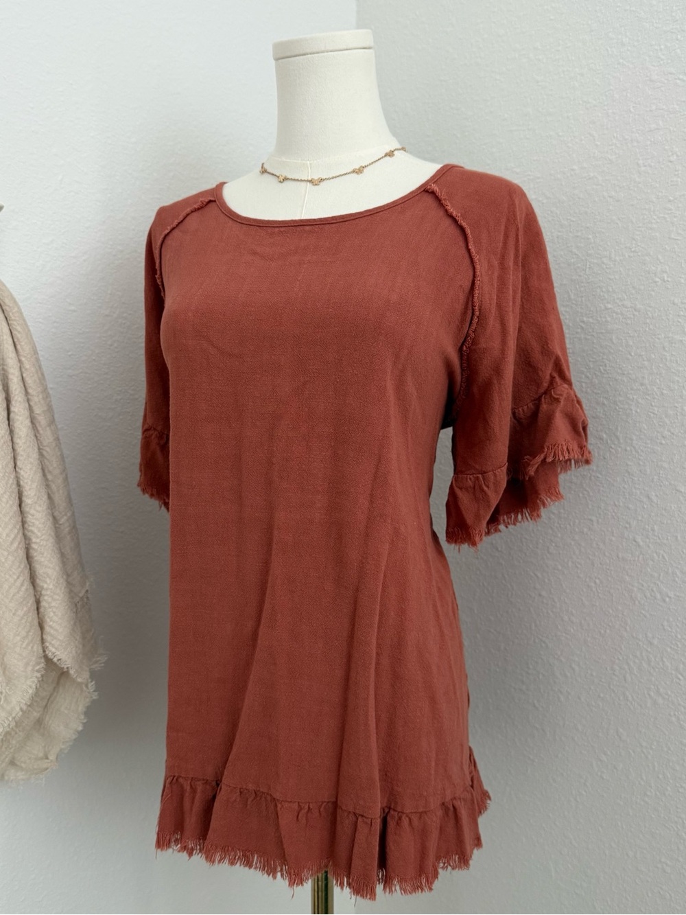 Entro Linen Blend Frayed Ruffle Hem Boho Top XL Rust